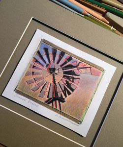 Fuji 100 instant film transfer with windmill photo colored with pencil